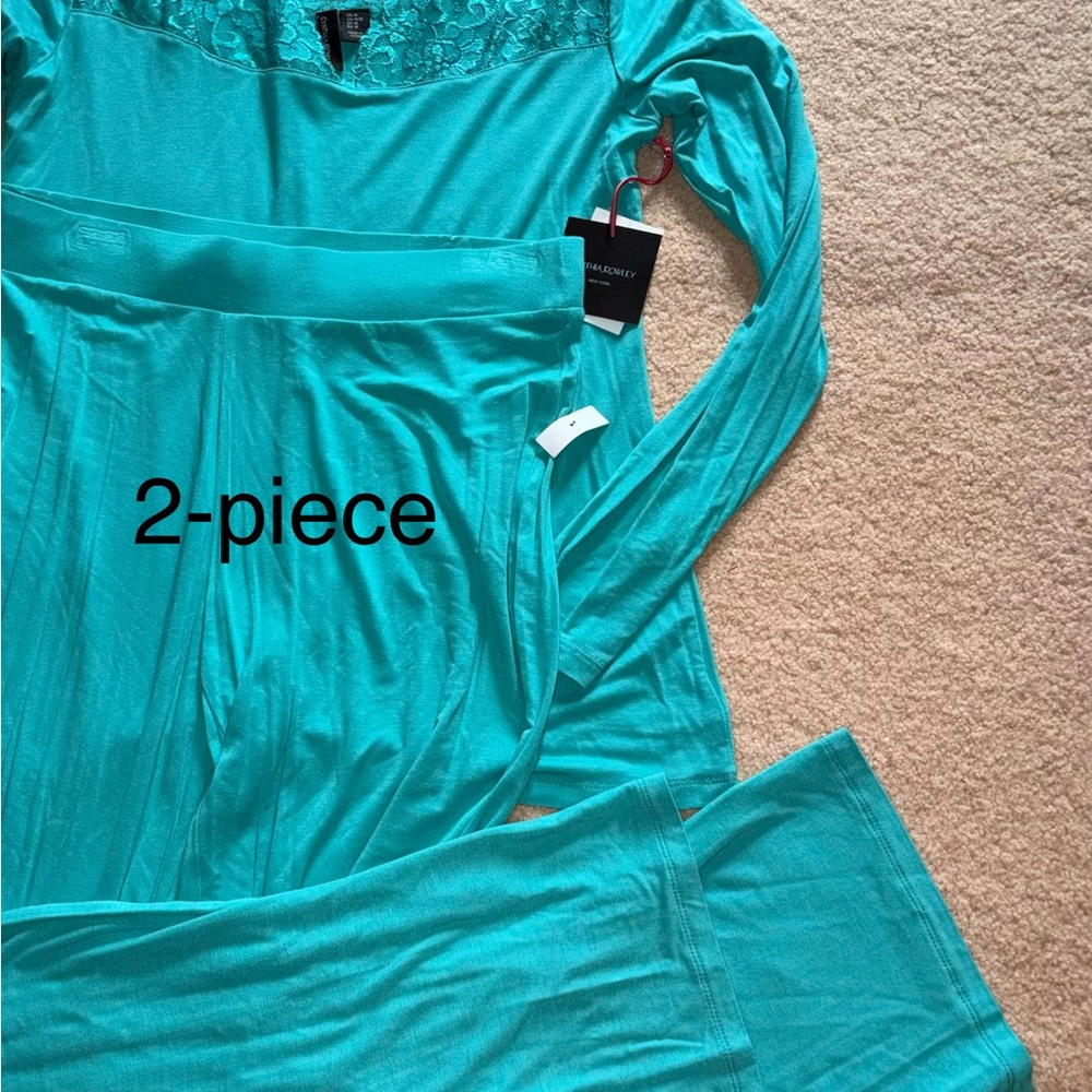 Cynthia Rowley 2- piece Teal Lace-Yoke Long Sleeve long pants, pajamas - Picture 2 of 3